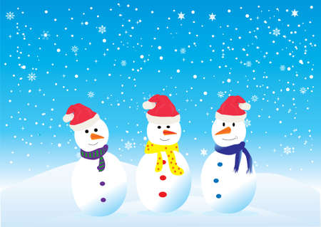 three funny snowmen in santa hatsのイラスト素材