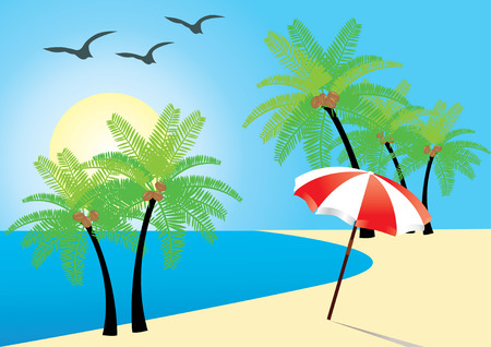 beach with palms, ocean and umbrellaのイラスト素材