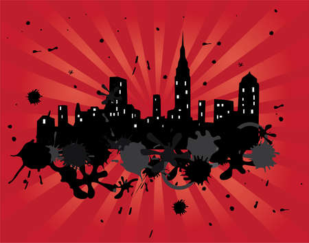 grunge city on red light burst backgroundのイラスト素材