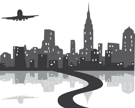 grey city background with reflection, plane and roadのイラスト素材