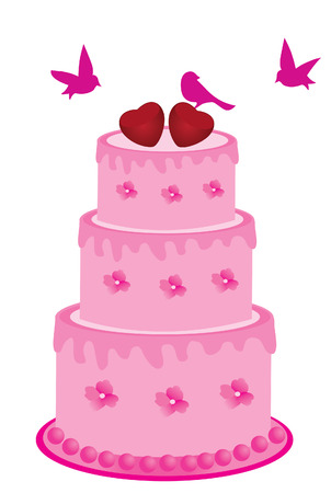 vector pink cake with flowers and birdsのイラスト素材
