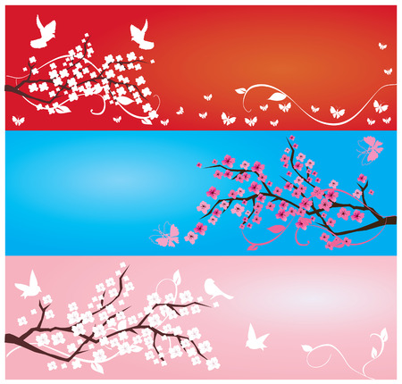 vector three floral banners with birds and butterfliesのイラスト素材