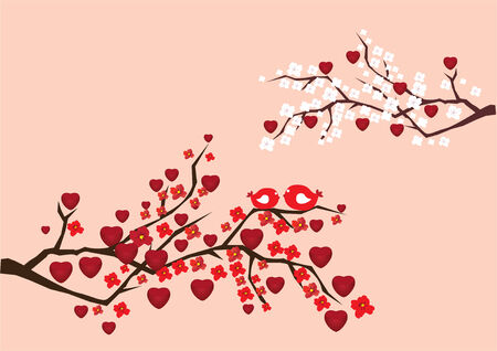 love branches with birds, flowers and heartsのイラスト素材