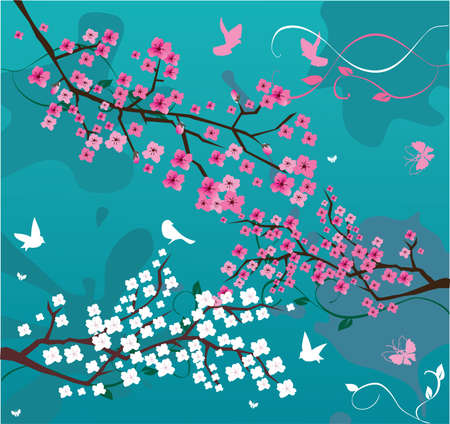 vector floral branches with birds and butterfliesのイラスト素材