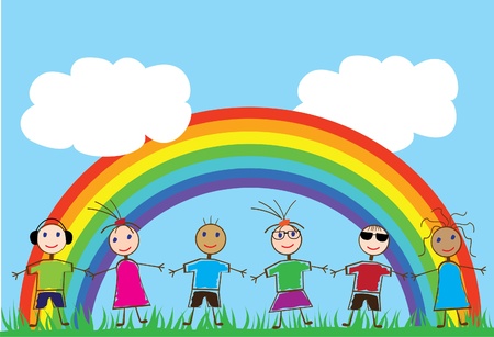 vector funny children and rainbowのイラスト素材