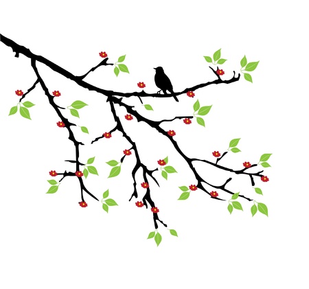 vector tree branch with flowers and a bird silhouetteのイラスト素材