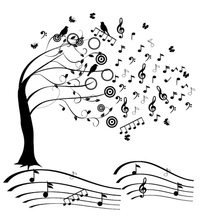 tree with musical notes and birdsのイラスト素材