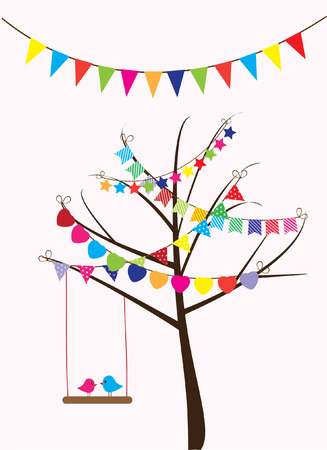vector tree with bunting abd bird swingingのイラスト素材