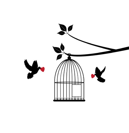vector doves with red hearts and cage openのイラスト素材
