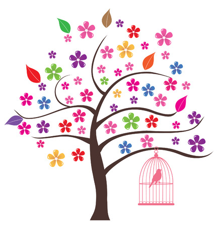 vector floral tree with birds swingingのイラスト素材