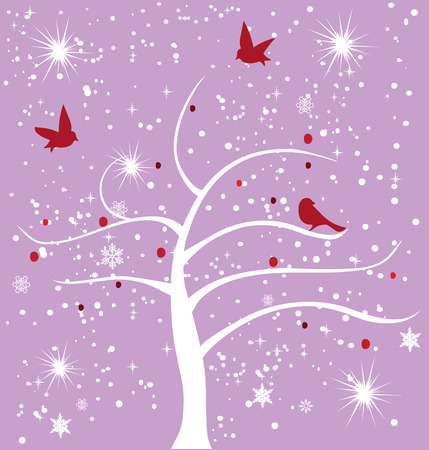 vector snow tree with snowflakes and birdsのイラスト素材