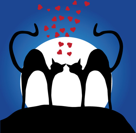 vector cats silhouettes in the moonlight with red hearts for valentine dayのイラスト素材