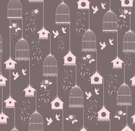 vector illustration of seamless background with bird cages and housesのイラスト素材