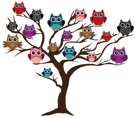 vector illustration of a tree with owlsのイラスト素材