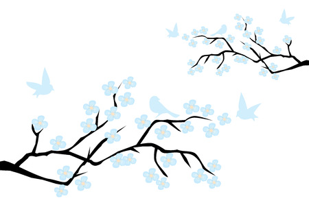 vector illustration of a blossom branch with birdsのイラスト素材