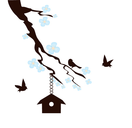 vector illustration of a blossom branch with birdsのイラスト素材