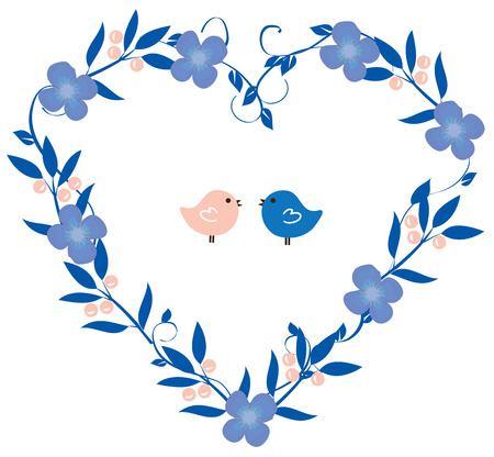 vector illustration of vintage wreath heart with flowers and birdsのイラスト素材