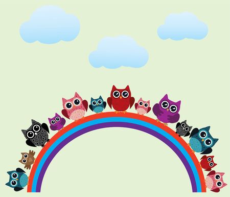 vector illustration of fun owls sitting on the rainbow and cloudsのイラスト素材