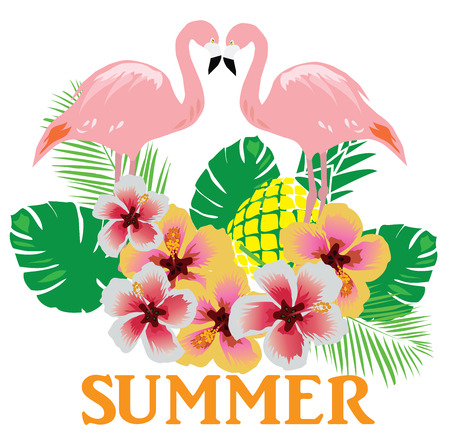 vector illustration of flamingos summer background with flowersのイラスト素材