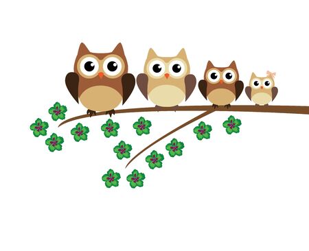 vector illustration of owl family in the tree branchのイラスト素材