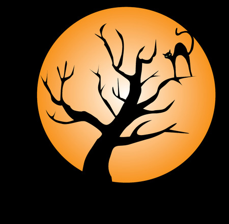 vector illustration of a cat in the tree int orange moon lightのイラスト素材