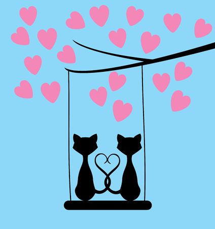 vector illustration of cats valentine background with pink heartsのイラスト素材