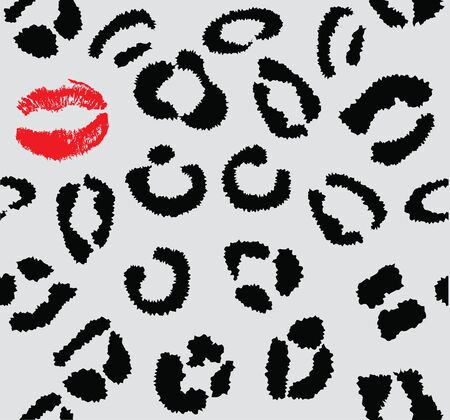 vector illustration of a snow leopard skin with red lipstick kissのイラスト素材