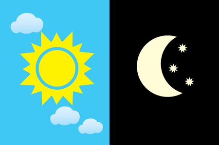 Vector illustration of day and night. Day and night concept, sun and moon, day and night clouds and stars iconのイラスト素材