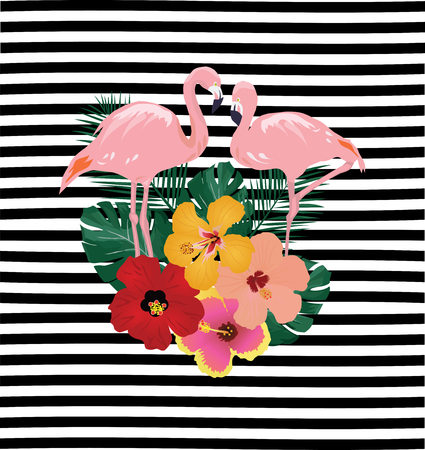 vector illustration of tropical flowers flamingos on striped backgroundのイラスト素材