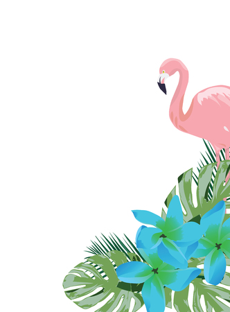 vector illustration of a flamingo and blue tropical flowersのイラスト素材