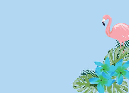 vector illustration of a flamingo and blue tropical flowersのイラスト素材