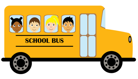 vector illustration of yellow schoolbus transportation education background. kids riding schoolbus.