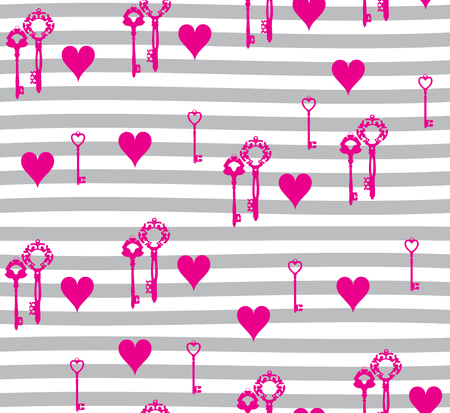 vector illustration of valentine background with keys and hearts on stripy background.のイラスト素材