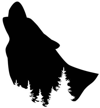 A wolf howling. wolf, animal head silhouette with abstract forestのイラスト素材