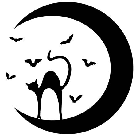Cat silhouette, bats and the moon.のイラスト素材