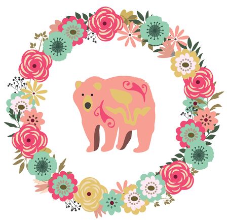 vector illustration of a floral vintage frame with a vintage bear. retro flowers background. のイラスト素材