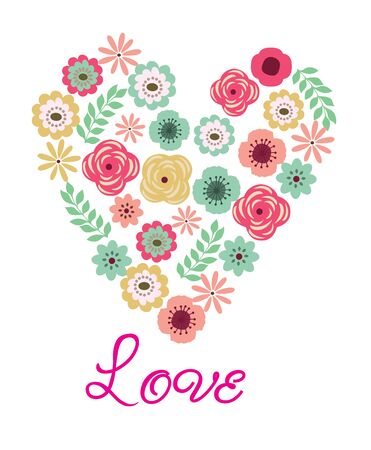 vector illustration of a vintage floral heart with love text.のイラスト素材