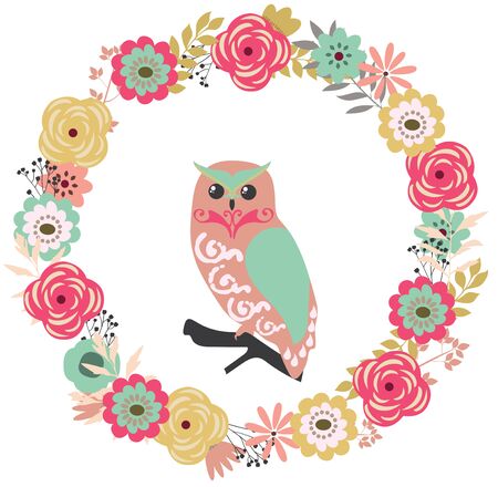 vector illustration of a floral vintage frame with an owl. retro flowers background.のイラスト素材
