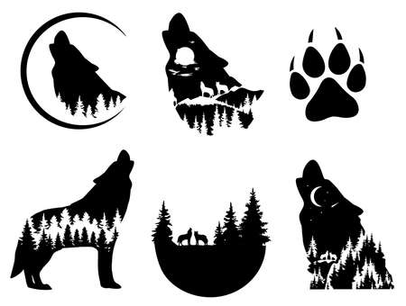 vector illustration of a wolf bundle, howling wolves, wild animal, wolf silhouette.のイラスト素材