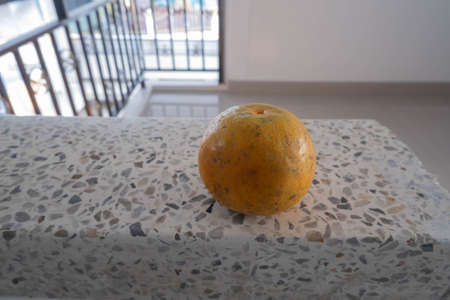 One orange was left forgotten on the marble rail, waiting to spoil for the next few days.