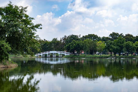 A bridge over a small river, surrounded by trees, and behind it is the sky.の写真素材