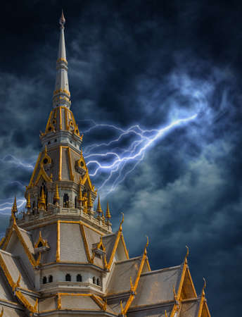 Church, Temple in Thailand Sky lightning stormの写真素材