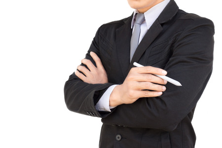 Business man writing with marker isolated on white backgroundの写真素材