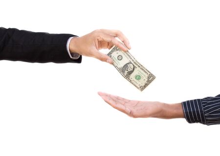 Hand handing over money to another hand isolated on white background, business concept