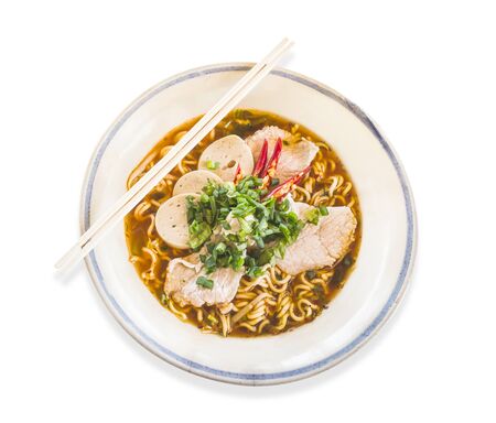 Bowl of noodles with vegetables and pig isolate on white background