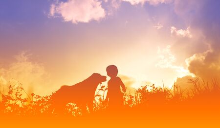 silhouettes of a kid and dog sunsetの写真素材