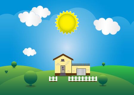 Flat classical house with fence and bushes and sky nature in mountian. Modern house concept.
の写真素材