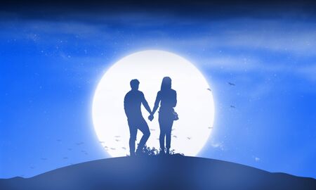 Silhouette couple man and woman holding hand together under moon shine and stars backgroundの写真素材