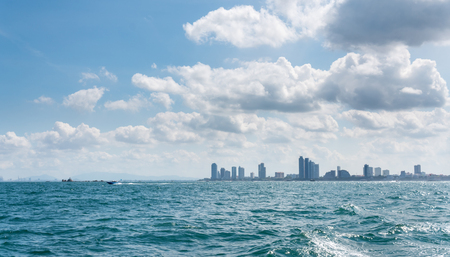Pattaya city view on the sea and boat. Beautiful natural seascape at the summer timeのeditorial素材