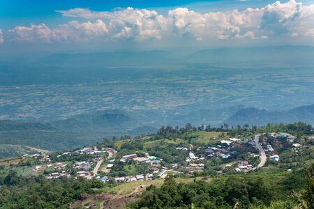 Panorama high view beautiful nature landscape of the mountain sky and forest in the morning on the hilltop viewpoint at Phu Thap Berk attractions of Phetchabun Province Thailandの写真素材